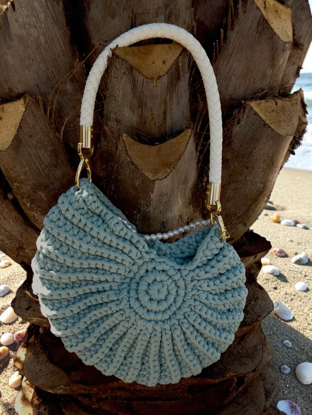 Handcrafted Light Aqua Crochet Shell Shoulder Bag with White Handle